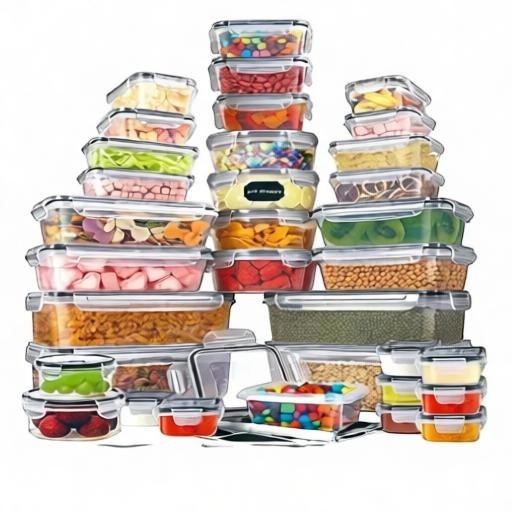 Essential Selects 48-piece food storage container set with leak-proof locking lids in various sizes for kitchen pantry.