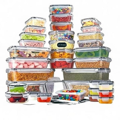 Essential Selects 48-piece food storage container set with leak-proof locking lids in various sizes for kitchen pantry.