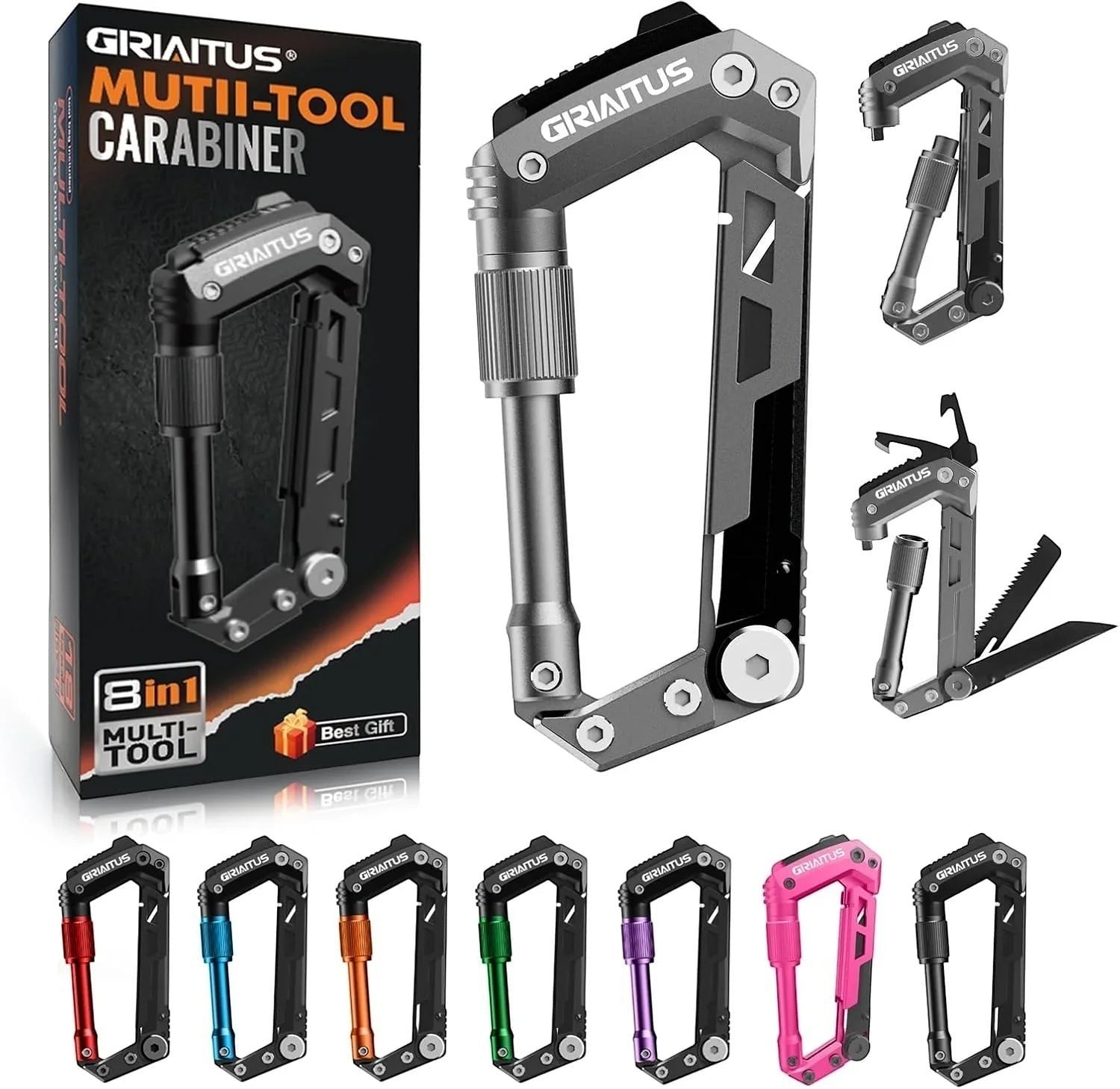 Essential Selects GIRIAITUS 8-in-1 grey aluminum and steel carabiner multitool with various folding utility blades.