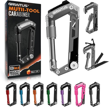 Essential Selects GIRIAITUS 8-in-1 grey aluminum and steel carabiner multitool with various folding utility blades.