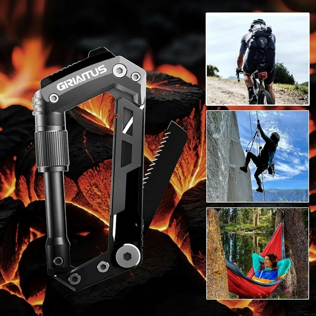Essential Selects GIRIAITUS 8-in-1 grey aluminum and steel carabiner multitool for camping and hiking gear