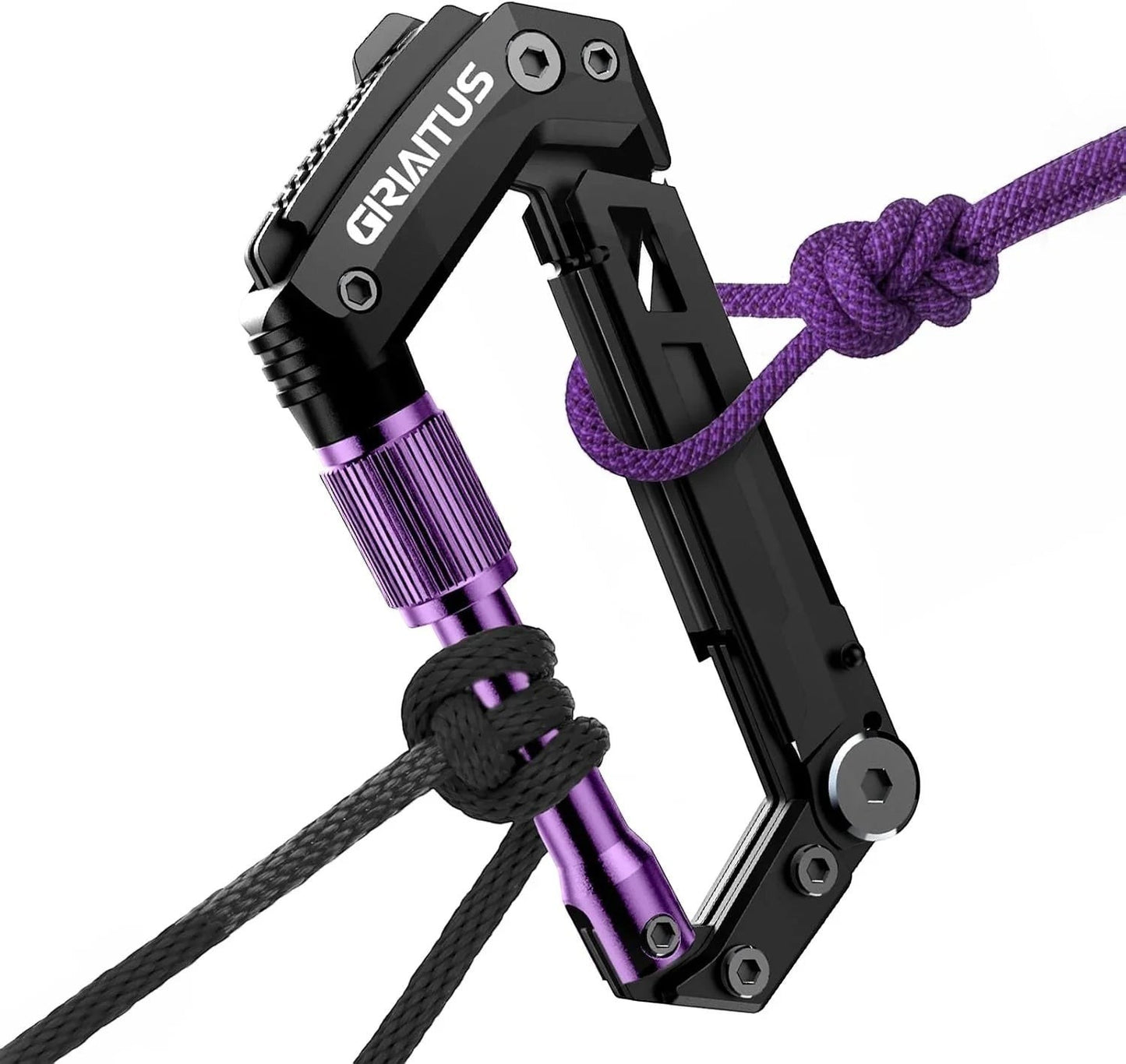 Essential Selects GIRIAITUS 8-in-1 carabiner multitool in black and purple with attached rope for outdoor gear