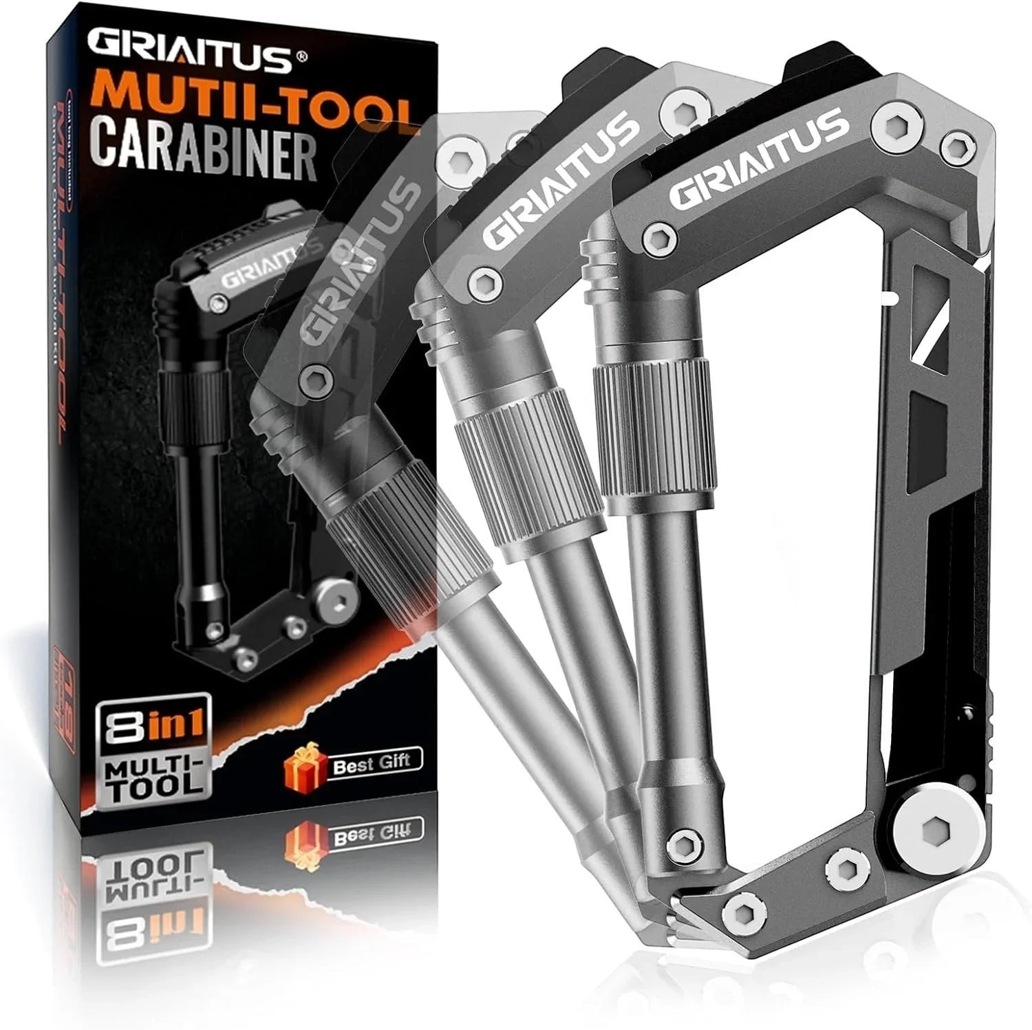 Essential Selects GIRIAITUS 8-in-1 grey aluminum and steel carabiner multitool with packaging box