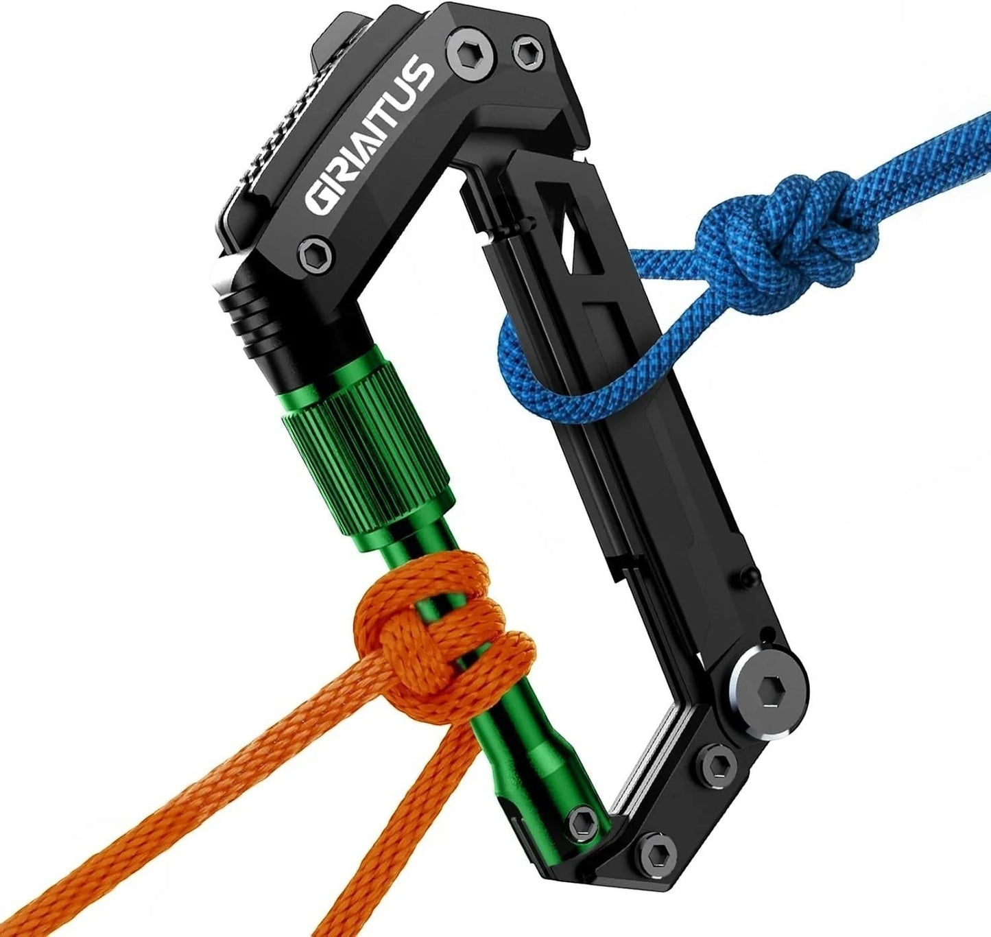 Essential Selects GIRIAITUS 8-in-1 carabiner multitool in black and green with blue and orange ropes attached