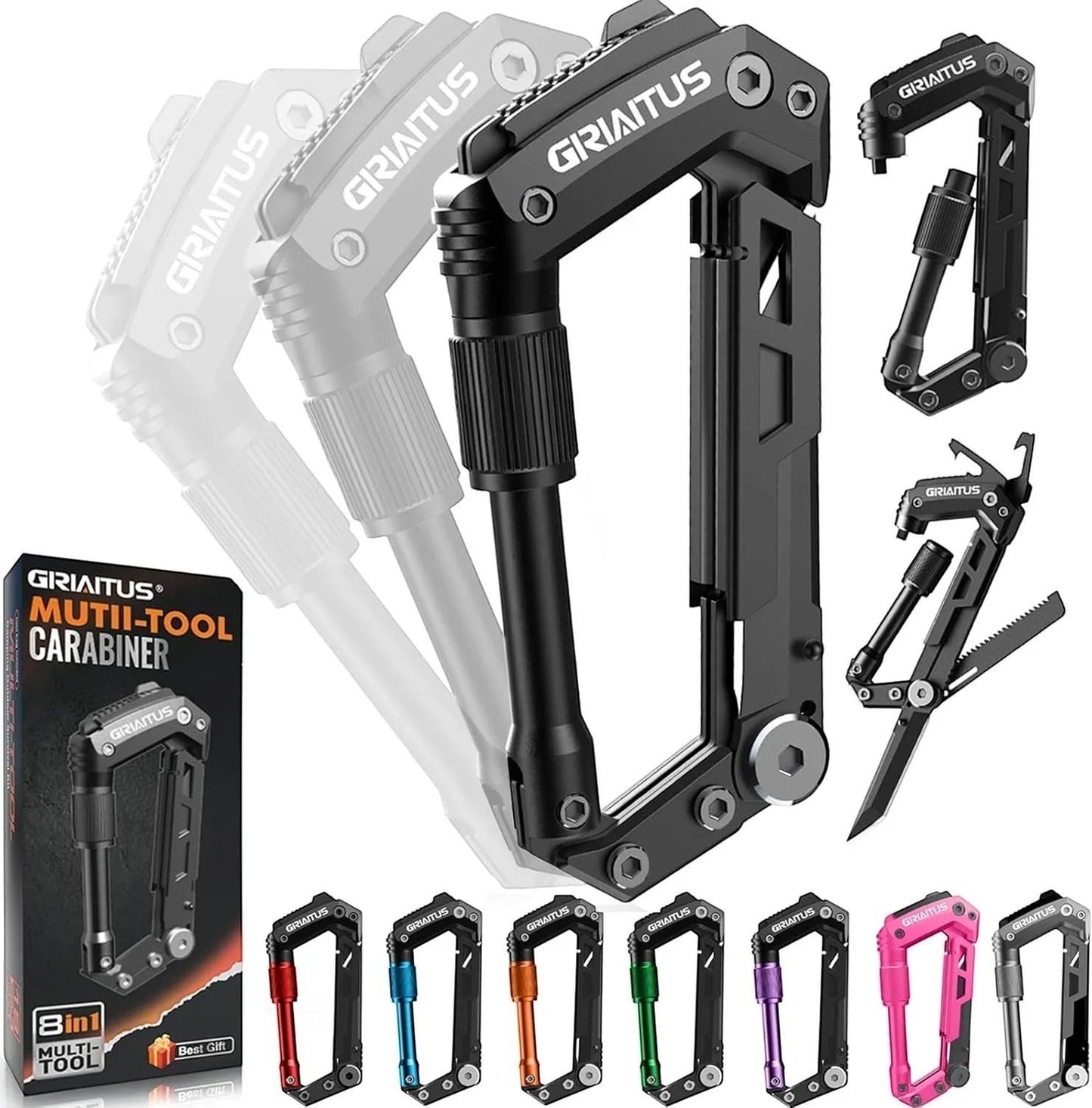 Essential Selects GIRIAITUS 8-in-1 grey carabiner multitool with folding knife and screwdriver for camping and hiking
