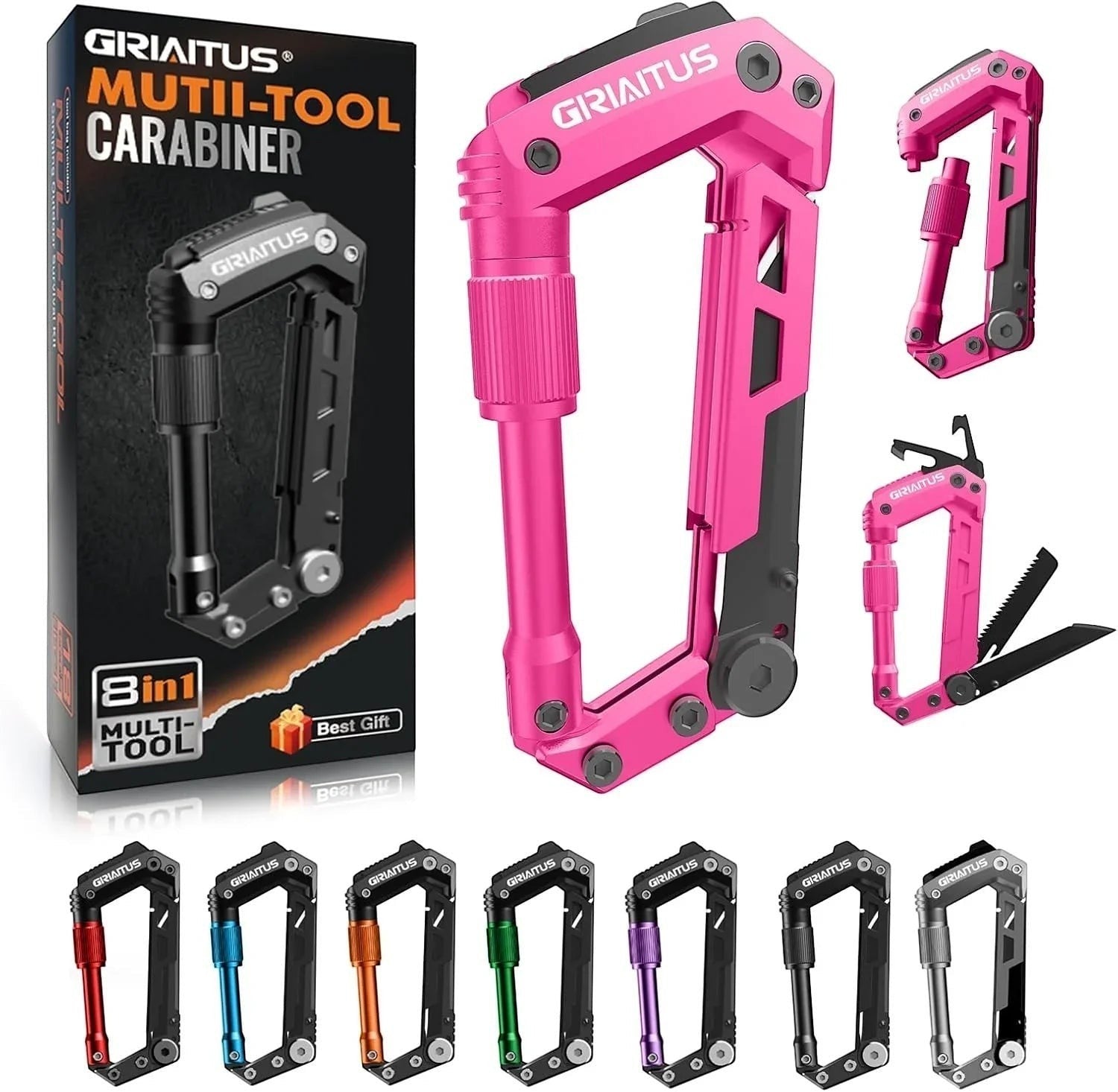 Essential Selects GIRIAITUS 8-in-1 pink carabiner multitool with folding knife and tools in packaging