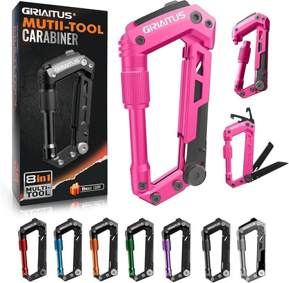 Essential Selects GIRIAITUS 8-in-1 pink carabiner multitool with folding knife and tools in packaging