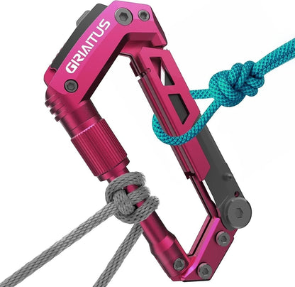 Essential Selects GIRIAITUS 8-in-1 pink aluminum carabiner multitool with rope attached for camping and hiking gear.