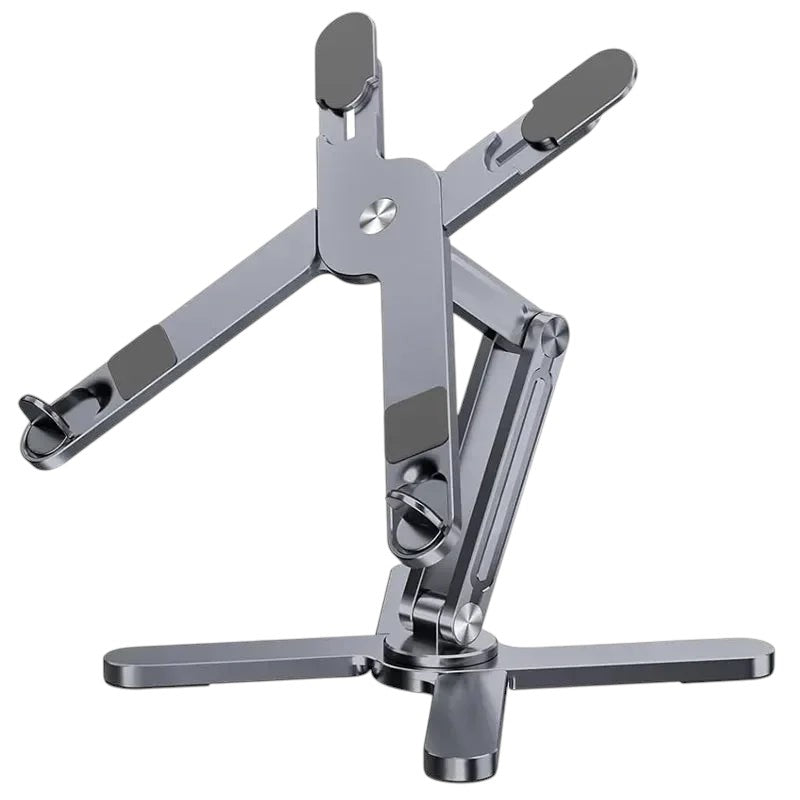 Essential Selects gray aluminum foldable laptop stand with 360-degree rotating base and ergonomic adjustable arms.
