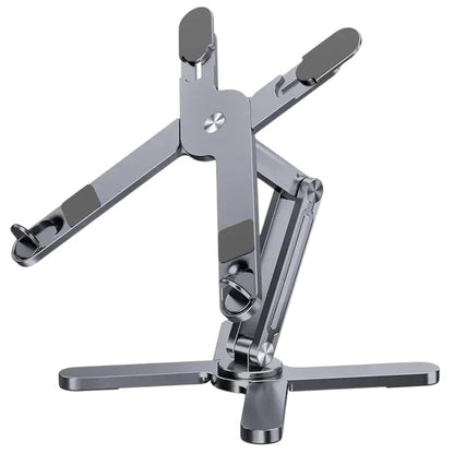 Essential Selects gray aluminum foldable laptop stand with 360-degree rotating base and ergonomic adjustable arms.