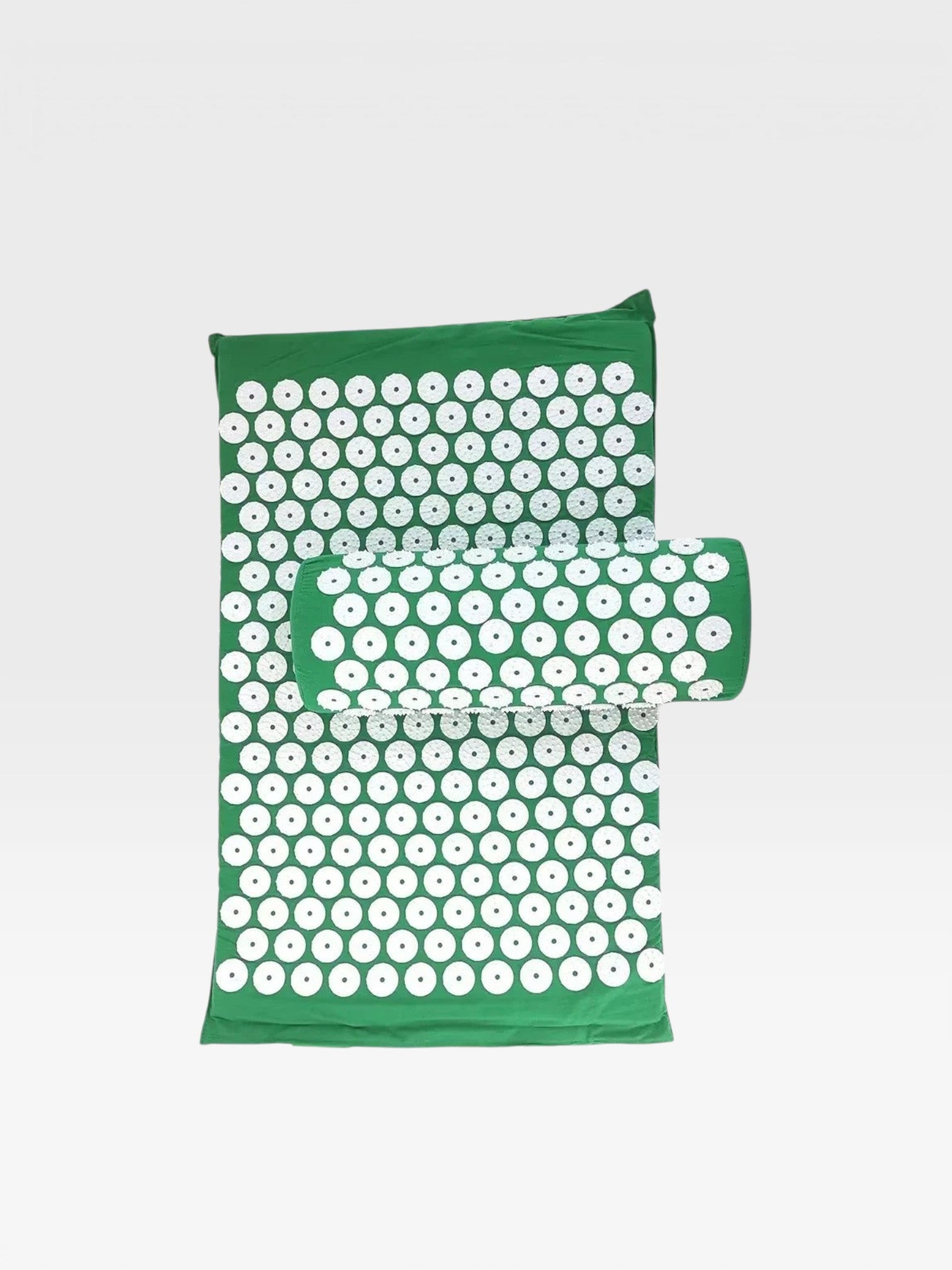 Essential Selects green acupressure mat and pillow set with white ABS plastic spikes for relaxation and back pain relief