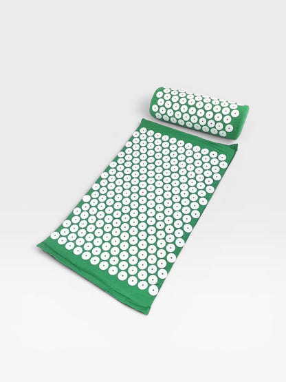 Essential Selects green acupressure mat and pillow set with white ABS plastic spikes for relaxation and back relief