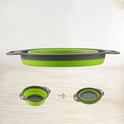 Essential Selects green foldable silicone colander set for space-saving kitchen storage and draining