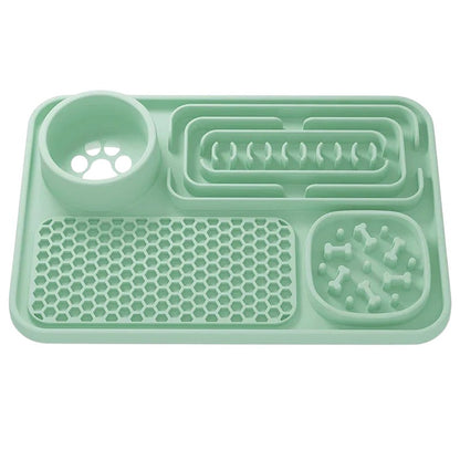 Essential Selects green silicone slow feeder pet placemat with various textured compartments for dogs