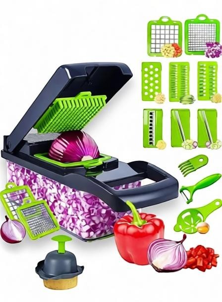 Essential Selects 16-in-1 green vegetable chopper with stainless steel blades and integrated food storage container
