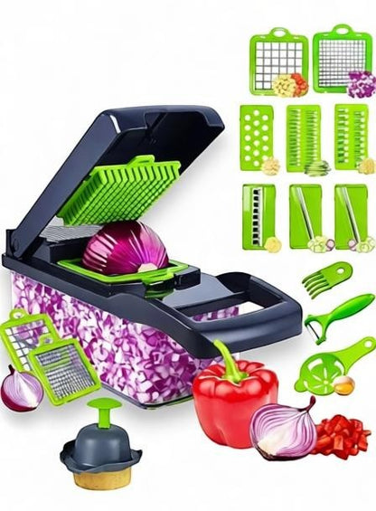 Essential Selects 16-in-1 green vegetable chopper with stainless steel blades and integrated food storage container