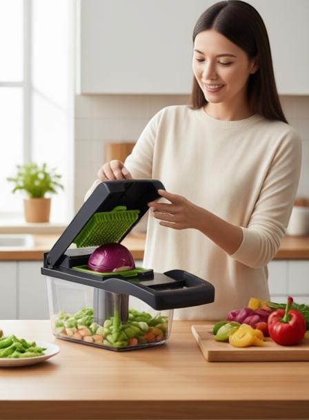 Essential Selects green 16-in-1 vegetable chopper with stainless steel blades and container used by a smiling woman