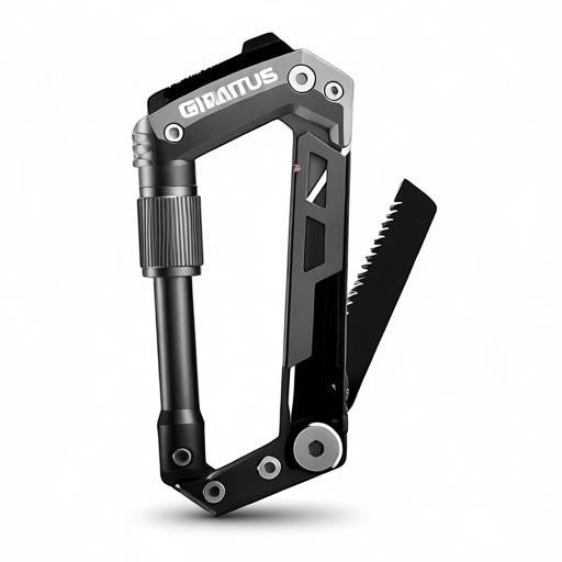 Essential Selects GIRIAITUS 8-in-1 grey aluminum and steel carabiner multitool with a folded serrated blade.