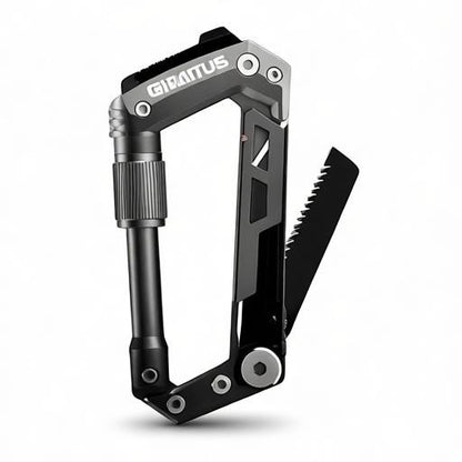 Essential Selects GIRIAITUS 8-in-1 grey aluminum and steel carabiner multitool with a folded serrated blade.