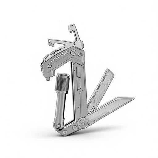 Essential Selects GIRIAITUS 8-in-1 grey aluminum and steel carabiner multitool with unfolded blades and tools.