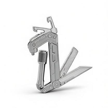 Essential Selects GIRIAITUS 8-in-1 grey aluminum and steel carabiner multitool with unfolded blades and tools.