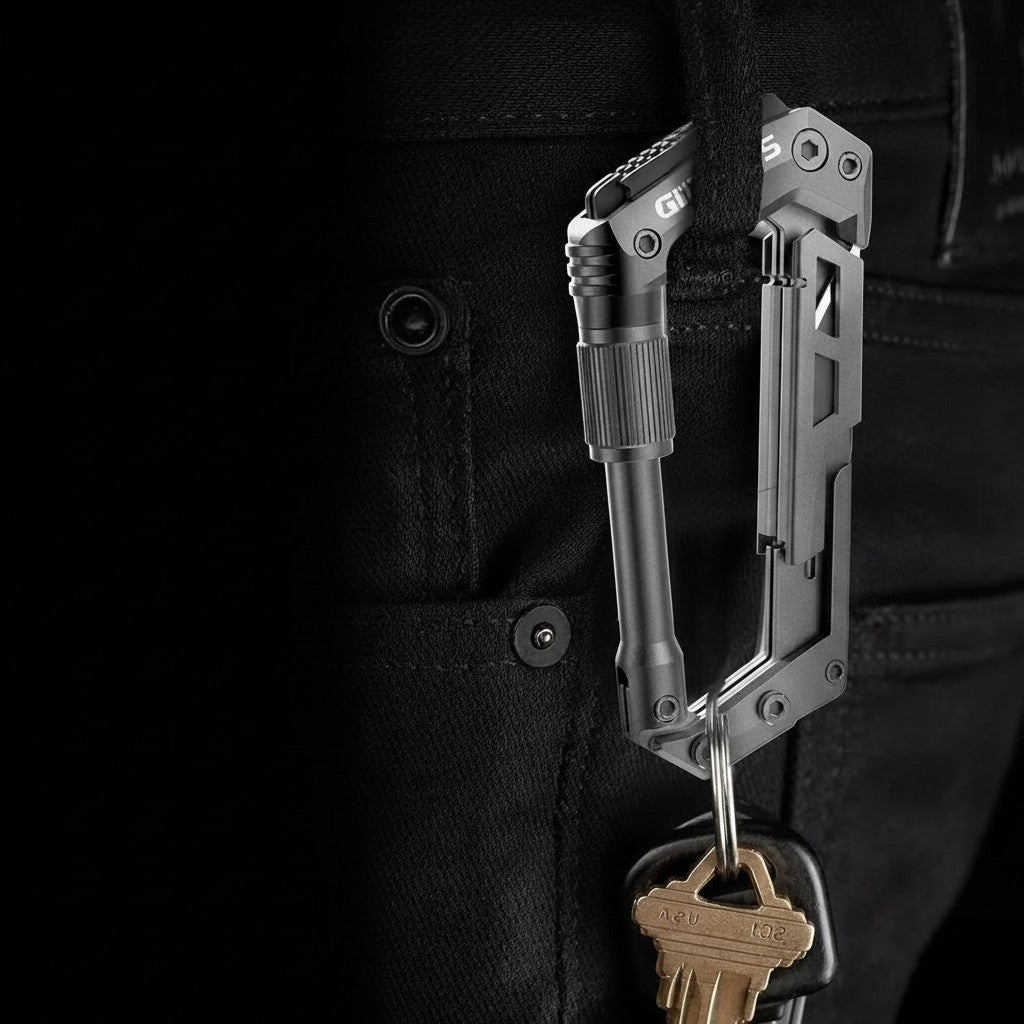 Essential Selects grey GIRIAITUS 8-in-1 carabiner multitool clipped to black jeans with keys attached