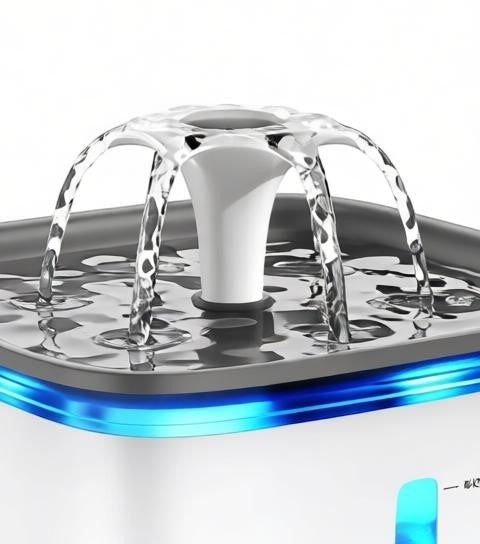 Essential Selects 2.8L grey automatic pet water fountain with flower waterfall flow and blue LED indicator light