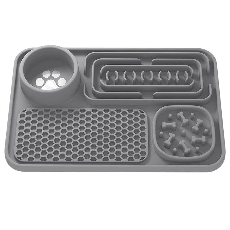 Essential Selects grey silicone slow feeder mat for dogs with textured feeding sections to improve digestive health