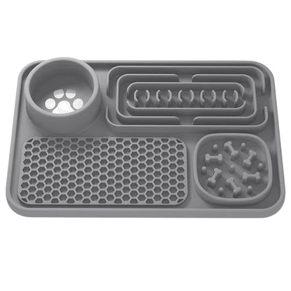 Essential Selects grey silicone slow feeder mat for dogs with textured feeding sections to improve digestive health