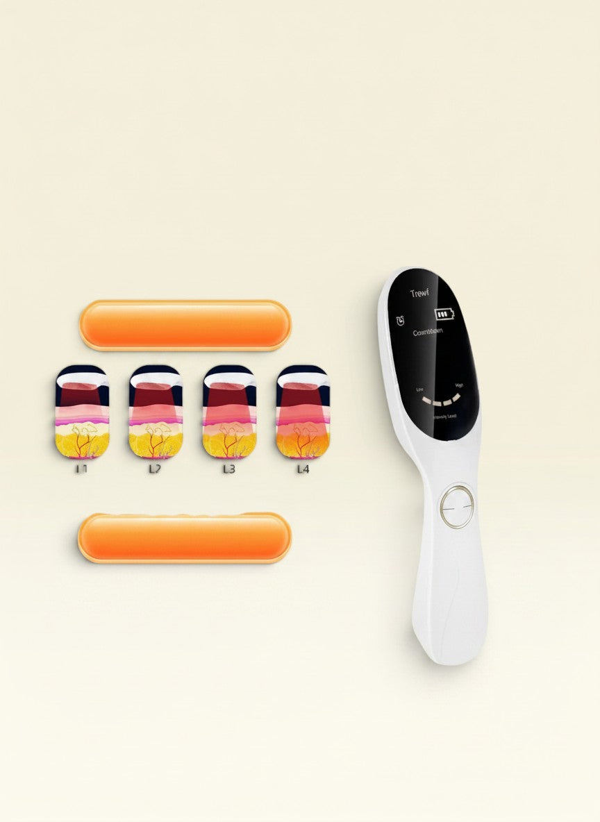 Essential Selects handheld red light therapy device with digital control panel and four intensity mode indicators