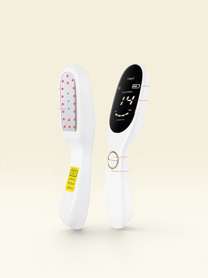 Essential Selects handheld red light therapy device with LED display, showing dual-wavelength settings and USB-C port.
