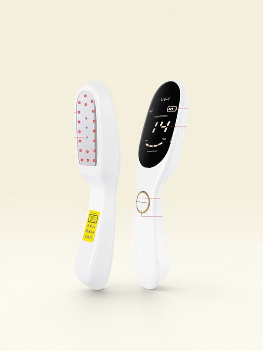 Essential Selects handheld red light therapy device with LED display, showing dual-wavelength settings and USB-C port.