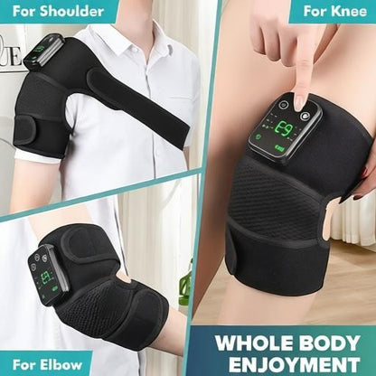 Essential Selects 3-in-1 wireless heated massager worn on shoulder, knee, and elbow for joint pain relief and recovery.
