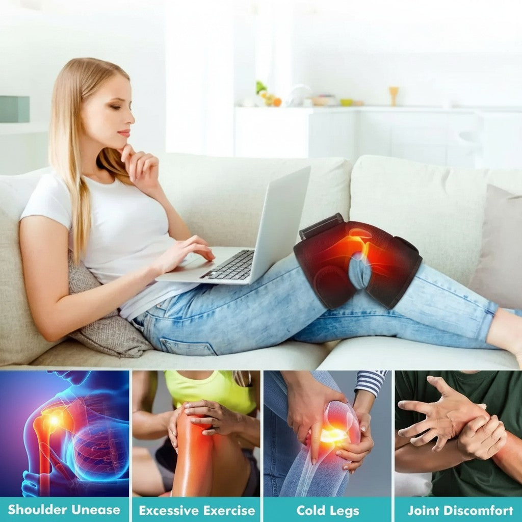 Essential Selects wireless heated knee massager worn by a woman on a sofa, showing joint therapy and relief applications