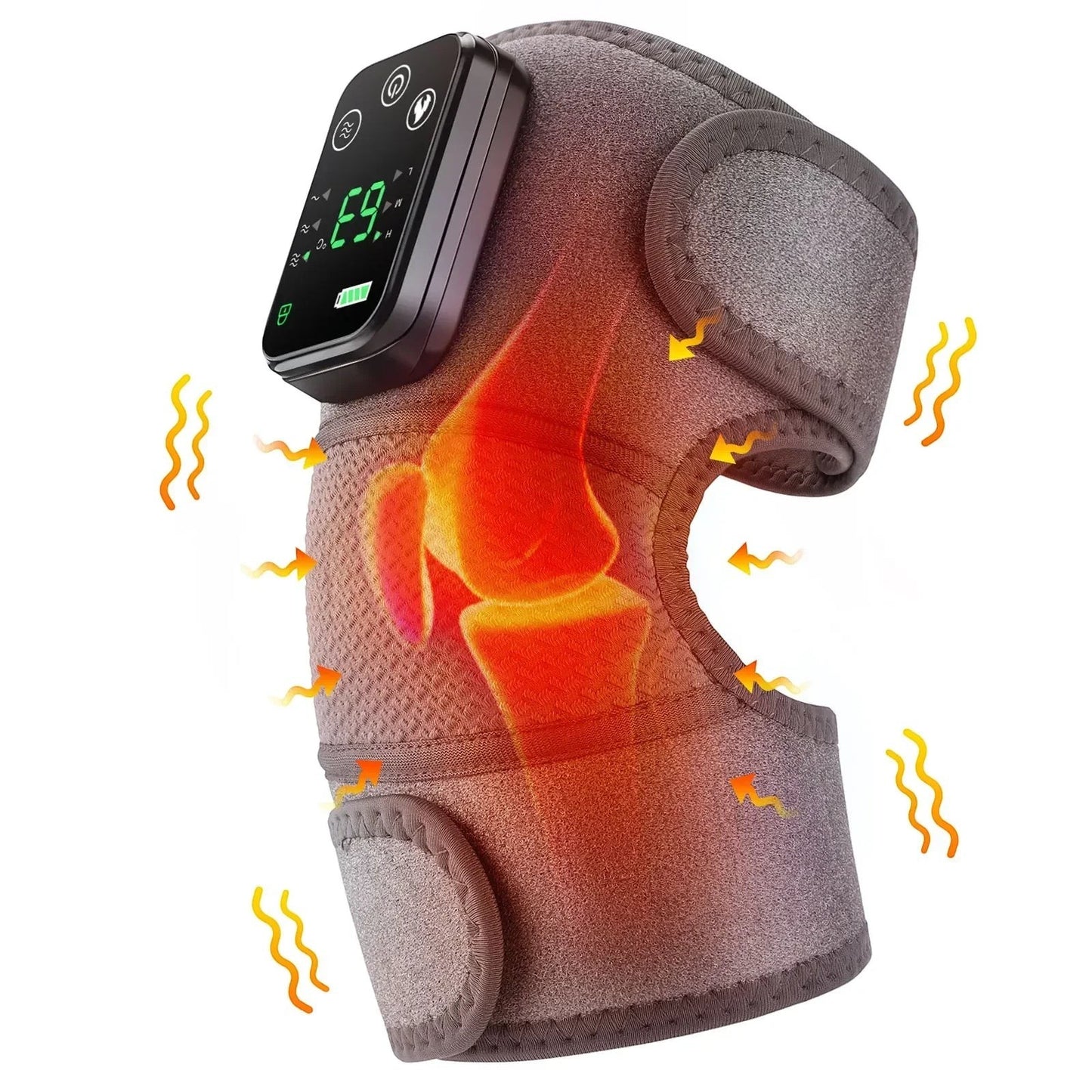 Essential Selects wireless heated knee massager in gray with digital display, vibration, and heat therapy settings.