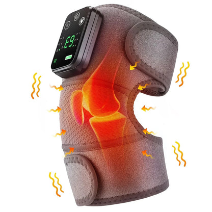 Essential Selects wireless heated knee massager in gray with digital display, vibration, and heat therapy settings.