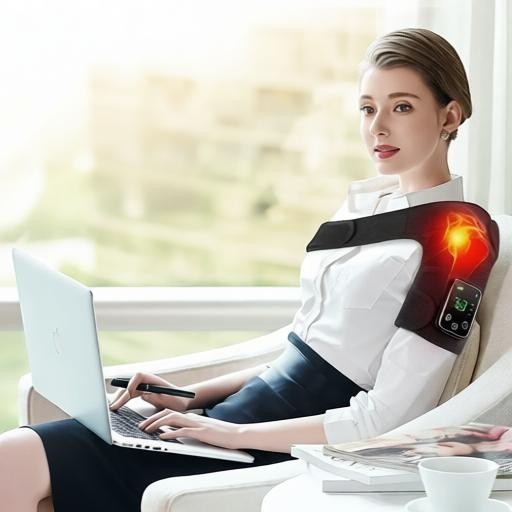 Essential Selects wireless heated shoulder massager worn by a woman working on a laptop for joint pain relief