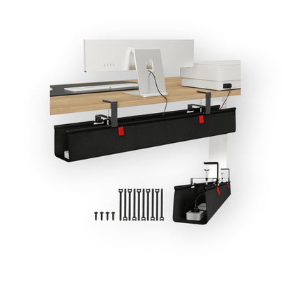 Essential Selects KEEGH 48-inch black Oxford fabric under desk cable management tray with clamp-on installation.