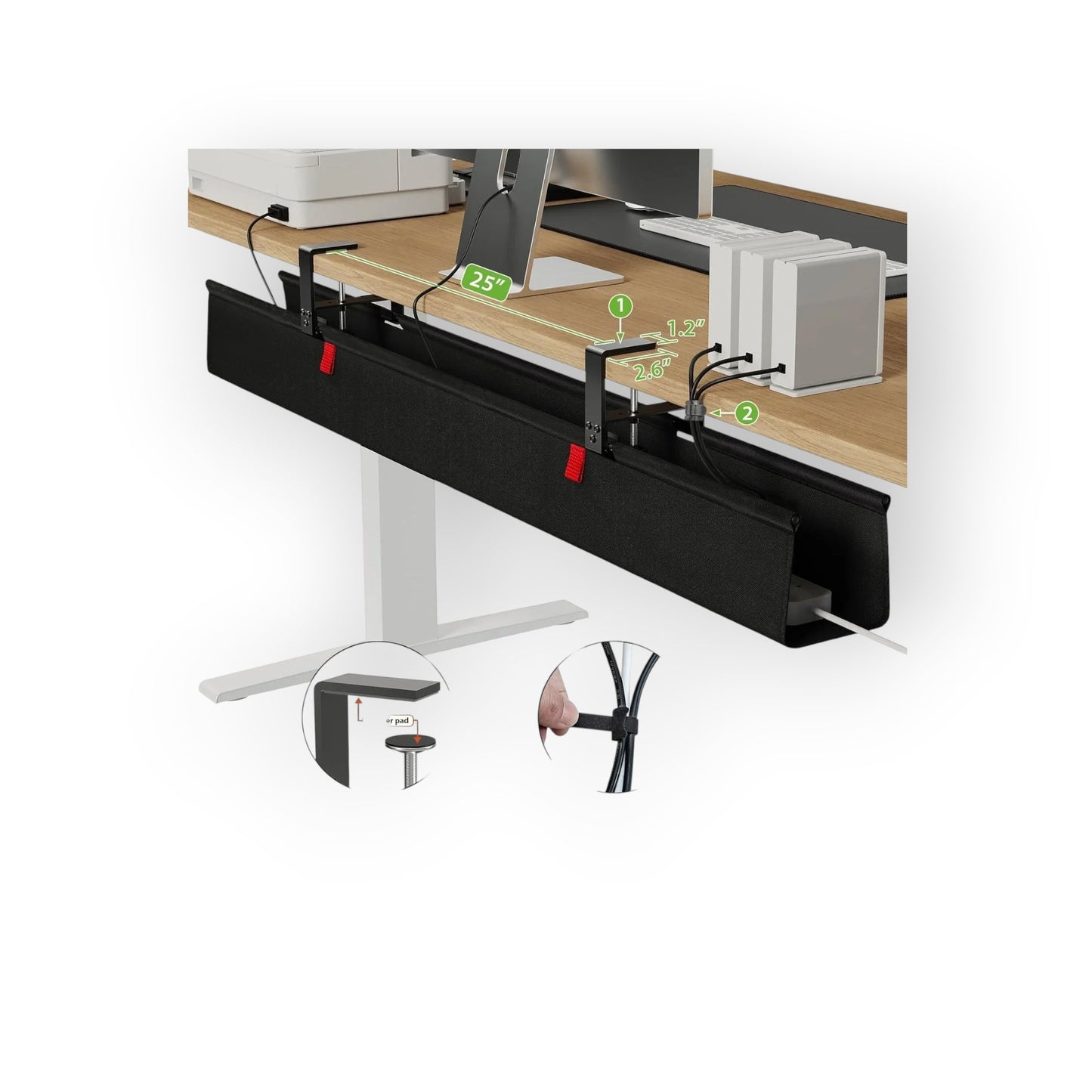 Essential Selects KEEGH 48-inch black fabric under desk cable management tray with clamp-on installation and cable ties.