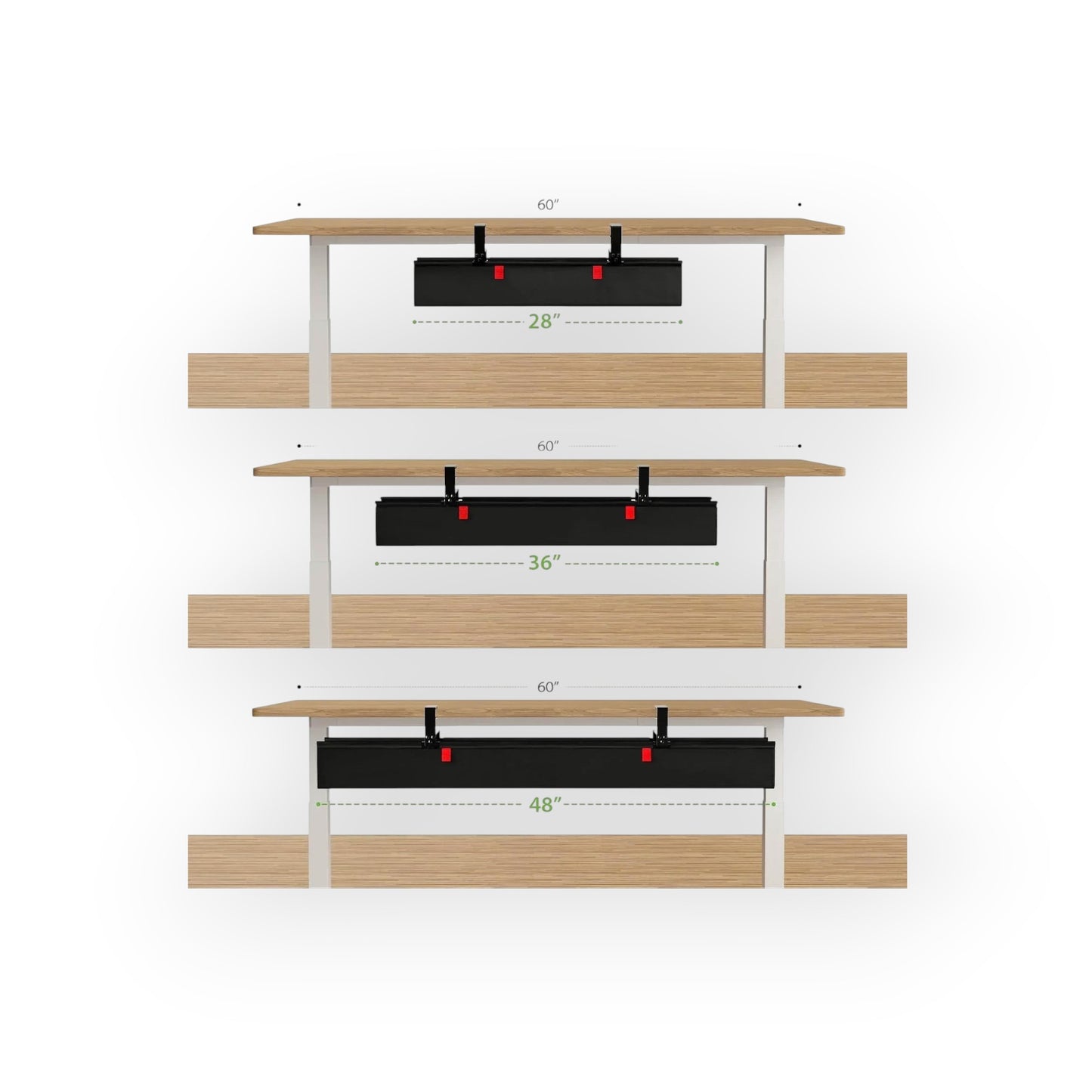 Essential Selects KEEGH black fabric under desk cable management tray shown in three adjustable length sizes.