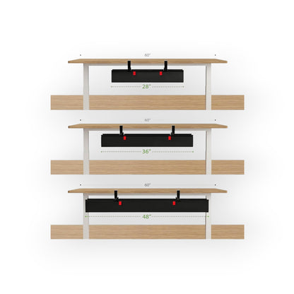 Essential Selects KEEGH black fabric under desk cable management tray shown in three adjustable length sizes.
