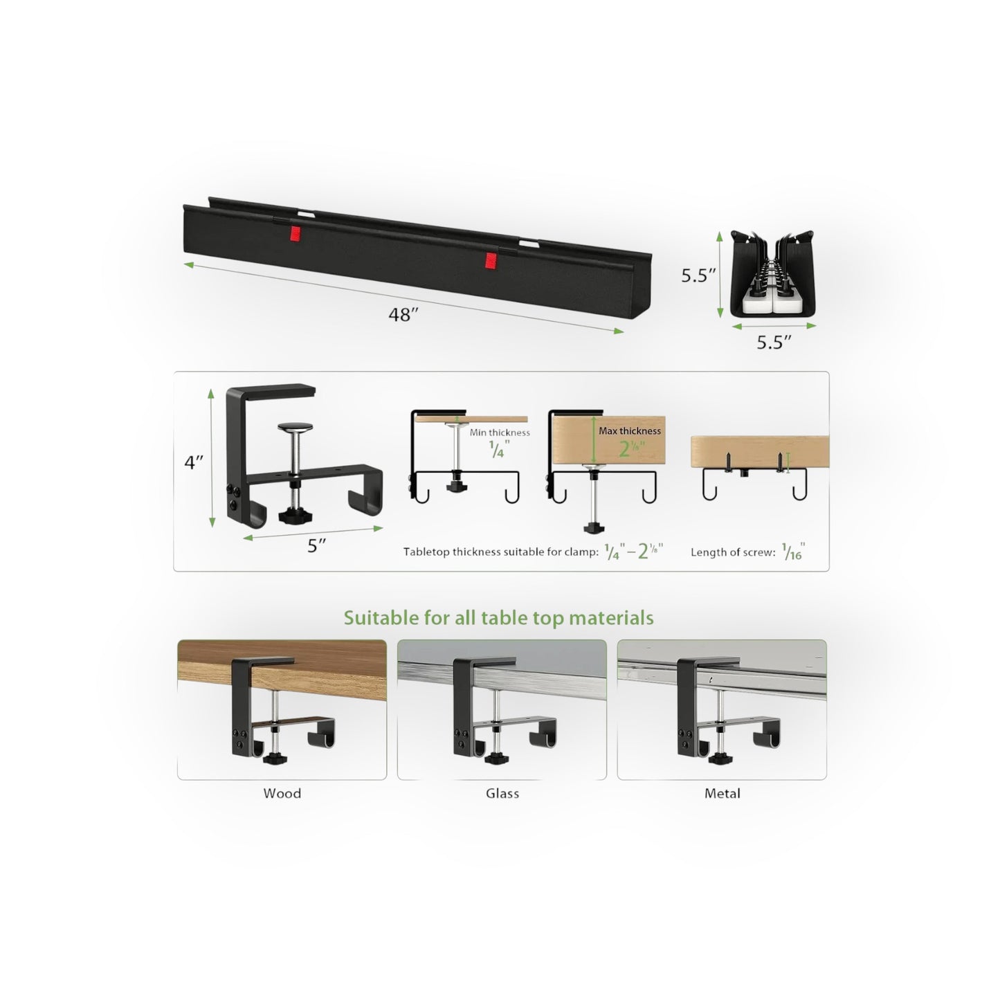 Essential Selects KEEGH 48-inch black fabric under desk cable management tray with clamp and screw installation options.