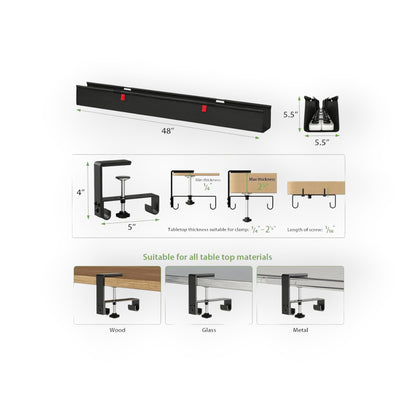 Essential Selects KEEGH 48-inch black fabric under desk cable management tray with clamp and screw installation options.