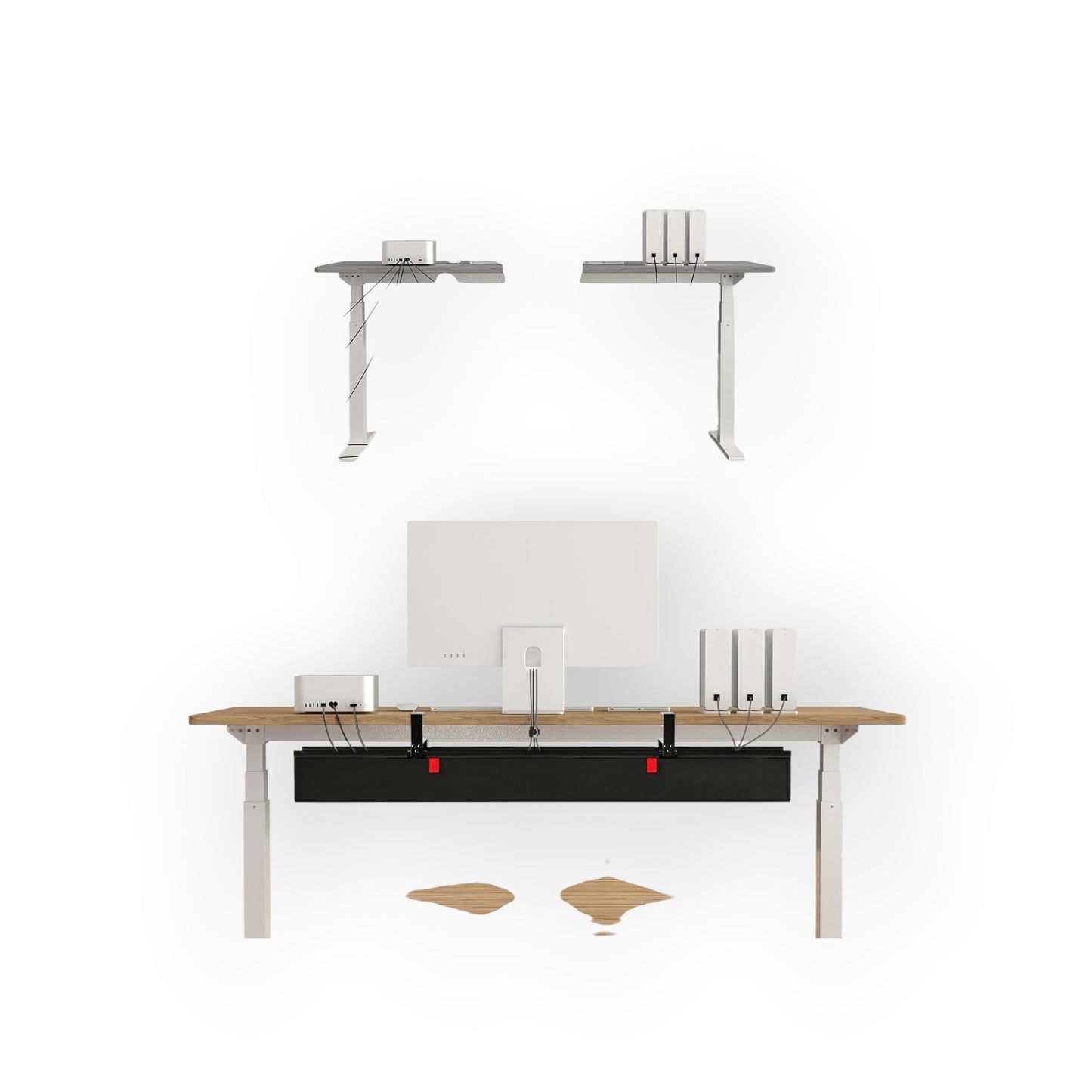 Essential Selects KEEGH 48-inch black fabric under desk cable management tray showing before and after setup