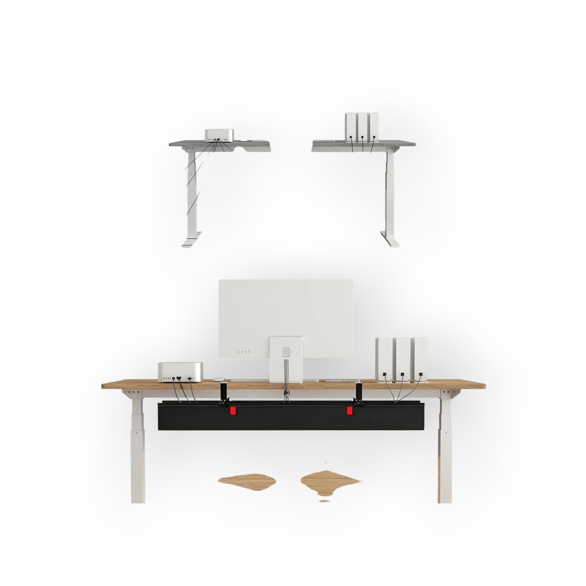 Essential Selects KEEGH 48-inch black fabric under desk cable management tray showing before and after setup