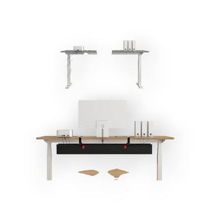 Essential Selects KEEGH 48-inch black fabric under desk cable management tray showing before and after setup
