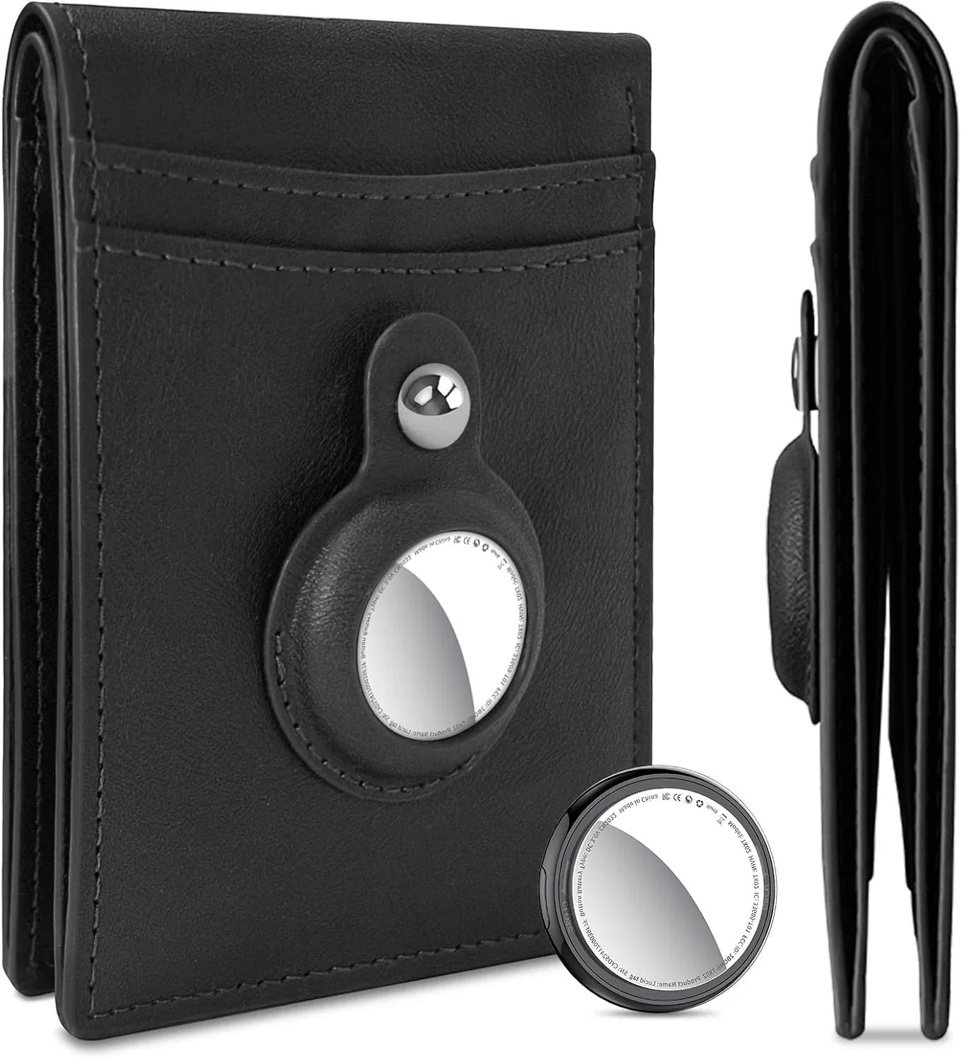 Essential Selects black leather wallet with integrated Bluetooth item tracker and a standalone tracker unit