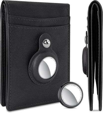 Essential Selects black leather wallet with integrated Bluetooth item tracker and a standalone tracker unit