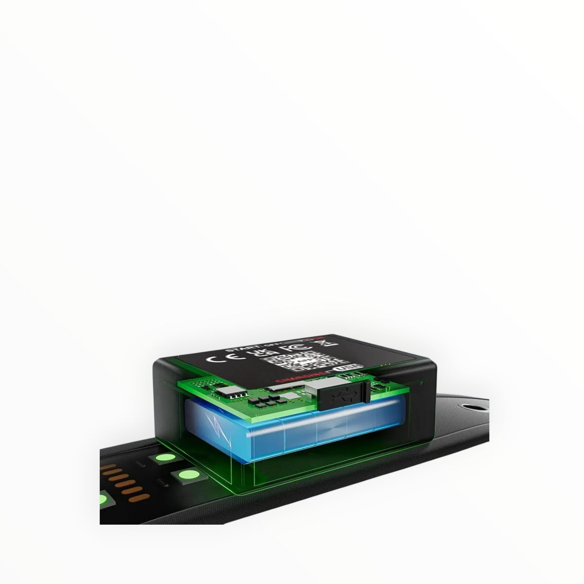 Essential Selects RGB LED dog collar battery and Bluetooth control module detail showing USB-C charging port
