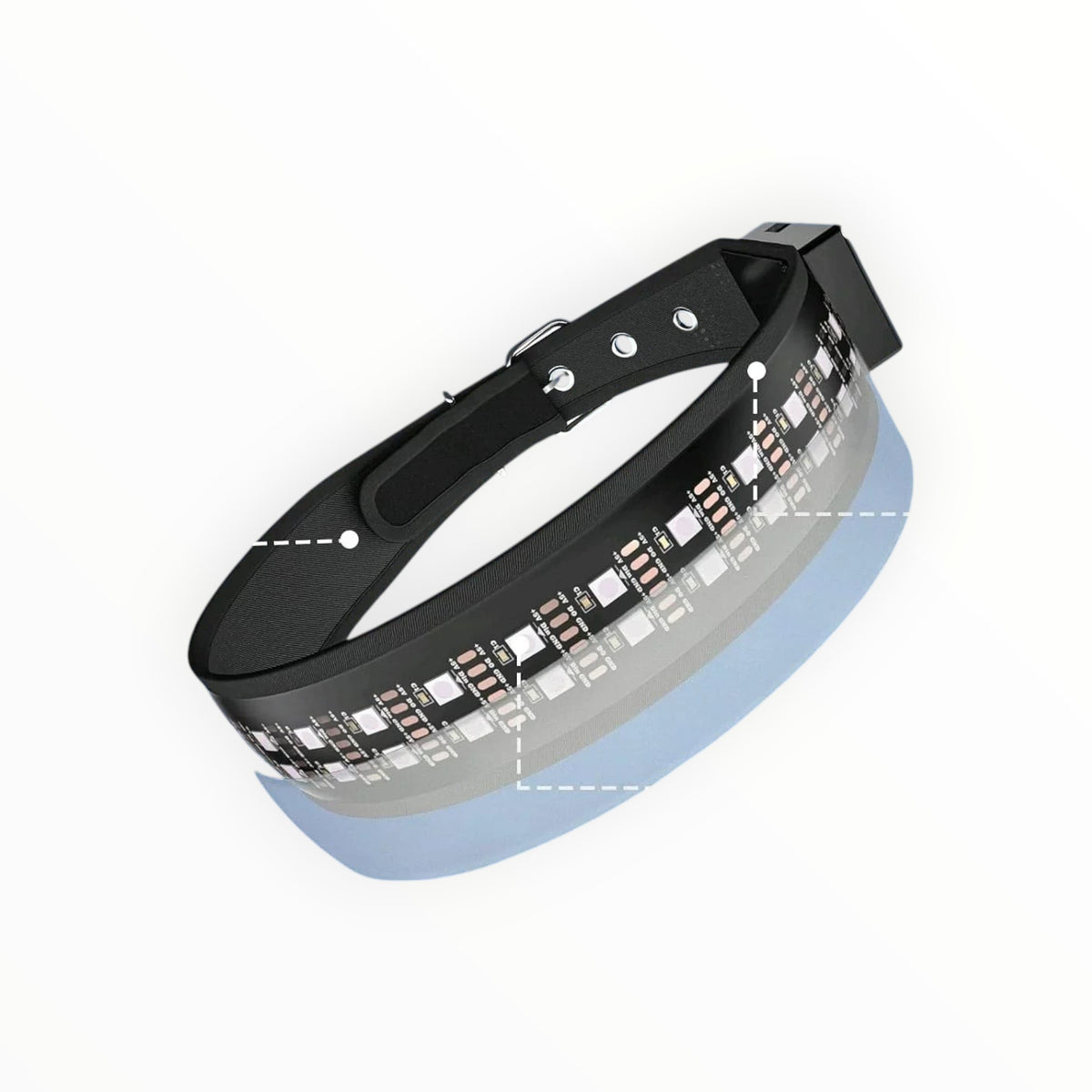 Essential Selects black nylon LED dog collar with app-controlled RGB lighting, IP65 waterproof rating, and buckle.